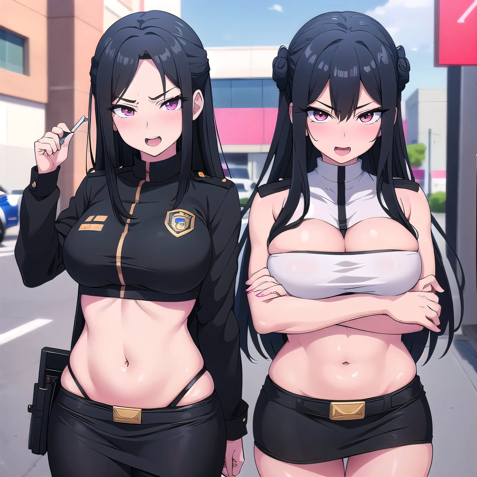 2girl, two girls, long hair,  large breast, blush, lipstick, Hot girl, baddie, staring, glaring, bad attitude, mean girl, crazy, smoking, sensual, attractive, masterpiece, best quality, highly detailed, a anime girl in police uniforms , police outfit, military outfit,
open mouth, cleavage, evil smile, smile, ecchi anime style, anime girl, digital anime art!!, in anime
style, (nsfw) not safe for work, official artwork, , beautiful anime girl, anime style 4 k, micro pencil
skirt, pencil skirt, micro skirt, exposed
belly, exposed navel, exposed midriff, exposed lower belly, holding a gun, holding pistol,next to police
car,outdoor,street,road, police car,