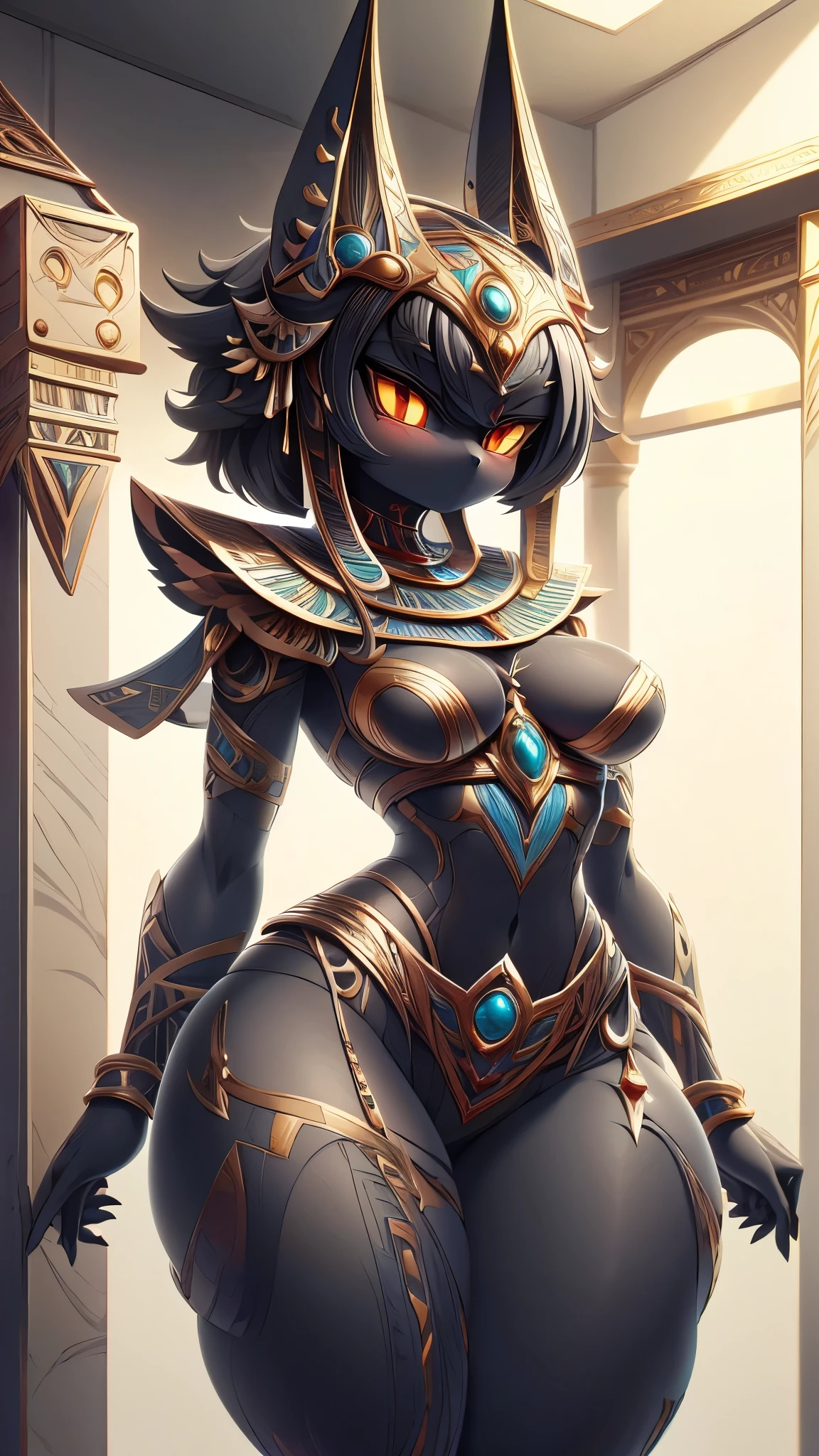 Anubis，Anubis，Black Dog Girl ，Dog Girl， Black Dog Ears ，Furry，Fluffy，Fluffy，Body hair，Black hair， Egyptian Style Costume ，Egyptian clothing，Thin waist and wide hips，Fleshy thighs，Body hair，Fleshy thighs，Thick thighs， Clean Thighs ，Bare Thighs ， Unadorned Thighs，埃及风格Black Dog Girl ，Black hair，Dark Skin，全身Black hair，全身Black hair，A look of contempt ，arrogant，pupil，金色pupil，金色pupil，金色pupil