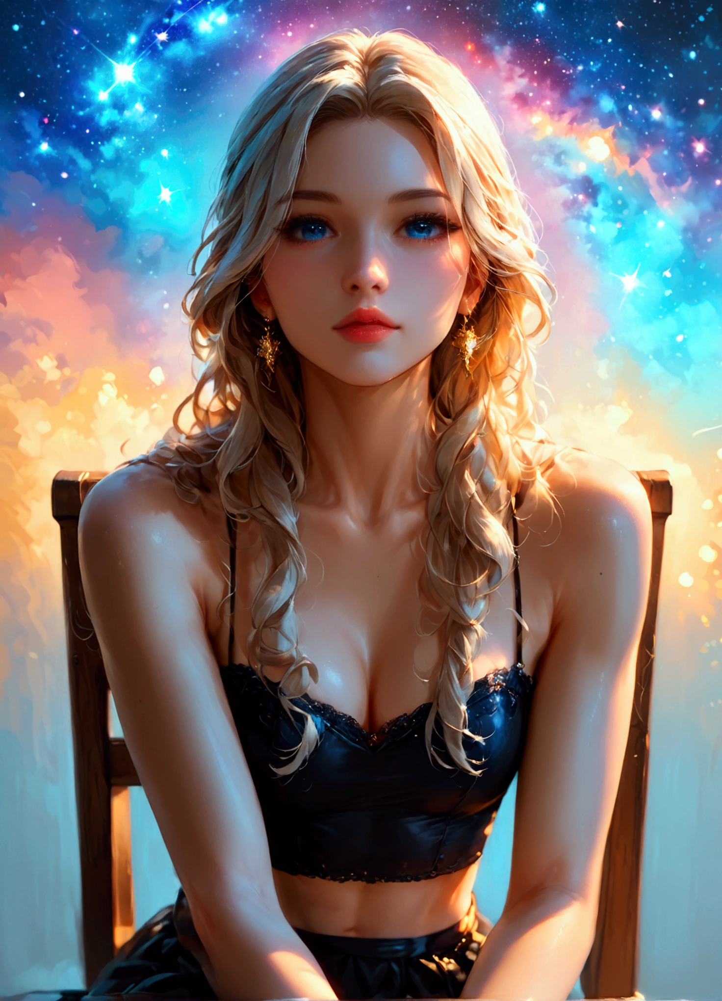 score_9, score_8_up, score_7_up, score_6_up, score_5_up, score_4_up, 1girl, a (fullbodyportrait:1.3) sitting on a chair of a blond female with galaxy blue eyes, cute, epic, hires, artstation, true beauty, perfect face, perfect body, ((masterpiece)), digital drawing, head to toes