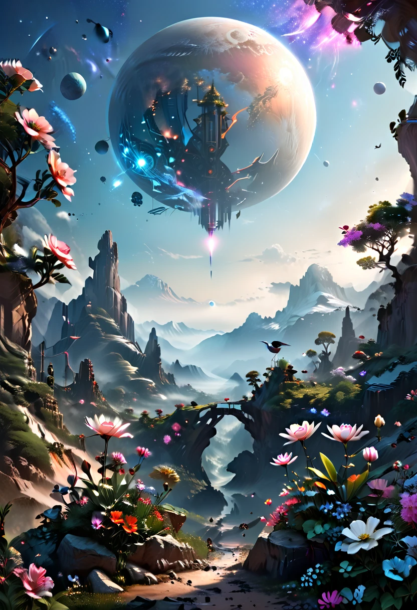  beyond - an image of a planet with tall mountains in the background, unknown planetary system with many planets in the foreground, unknown flora and fauna on this planet  .  tall trees similar to our Sikwai . strange beautiful flowers and birds  ! Award Winning Digital Art,  is inspired by the works of Greg Rutkowski, Space Fantasy,  symmetrical matte painting , Dreamy landscape,  in sage fortuneteller , space in the background , , background space , Forbidden Planet,  Sandor Brodsky ,  fantastic science ,  Greek fantasy panorama ,  complex galactic patterns 