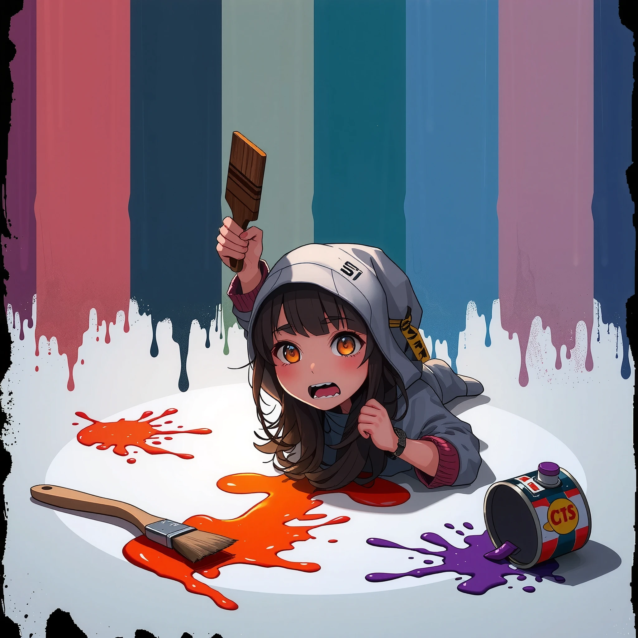 semi-realistic little woman, little character,Fall back down , face up ,brush to apply paint,Spilled paint can  ,  paint spilled on the floor ,(Panic look:2.0),Casual clothes, flat color , The background is a seven-color strip of urethane paint,(Urethane paint splashes :2.0)