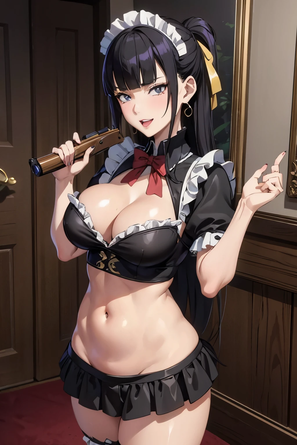 1 girl,black hair, long hair, large breast, blush, lipstick, Hot girl, baddie, staring, glaring, bad attitude, mean girl, crazy, smoking, sensual, attractive, jewelry, earrings, complex detailed background, casino environment, fancy interior environment, rich
interior, masterpiece, best quality, highly detailed, a anime girl in maid uniforms, holding pistol, maid
outfit, cleavage, evil smile, smile, open mouth ,ecchi anime style, anime girls, ecchi style, ecchi, digital
anime art!!, in anime style, official artwork, (nsfw) not safe for work, beautiful anime maid girl, anime
style 4 k, micro skirt, exposed belly, exposed navel, exposed midriff, exposed lower belly, holding a gun, navel piercing