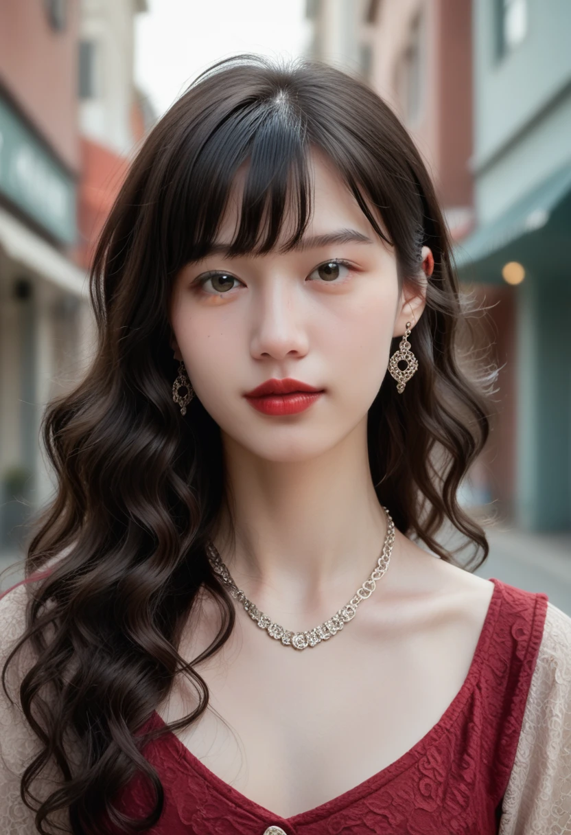 safe_pos,safe_pos,safe_pos,safe_pos,score_9,score_8_up,score_7_up,intricate design,highly detailed,realistic,1 girl,20yo nobless girl,long wavy hair,bangs,black hair,looking at viewer,red thick lips,earing,necklace,(pale_skin:1.2),naturally big sagging breasts,slut face,curvy,narrow waist,slim legs,thick thighs,long legs,detailed face,perfect lips,parted lips,wide hips,huge butt,bubble butt,(((cowboy_shot:1.5))),dynamic pose,perfect light,teeth,
outdoors,city,day,cloudy day,leopard print,off shoulder,choker,black skirt,long sleeves,shirt,