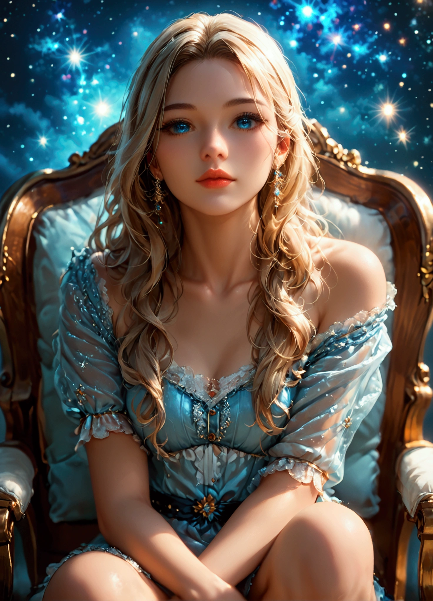 score_9, score_8_up, score_7_up, score_6_up, score_5_up, score_4_up, 1girl, a (fullbodyportrait:1.3) sitting on a chair of a blond female with galaxy blue eyes, cute, epic, hires, artstation, true beauty, perfect face, perfect body, ((masterpiece)), digital drawing, head to toes