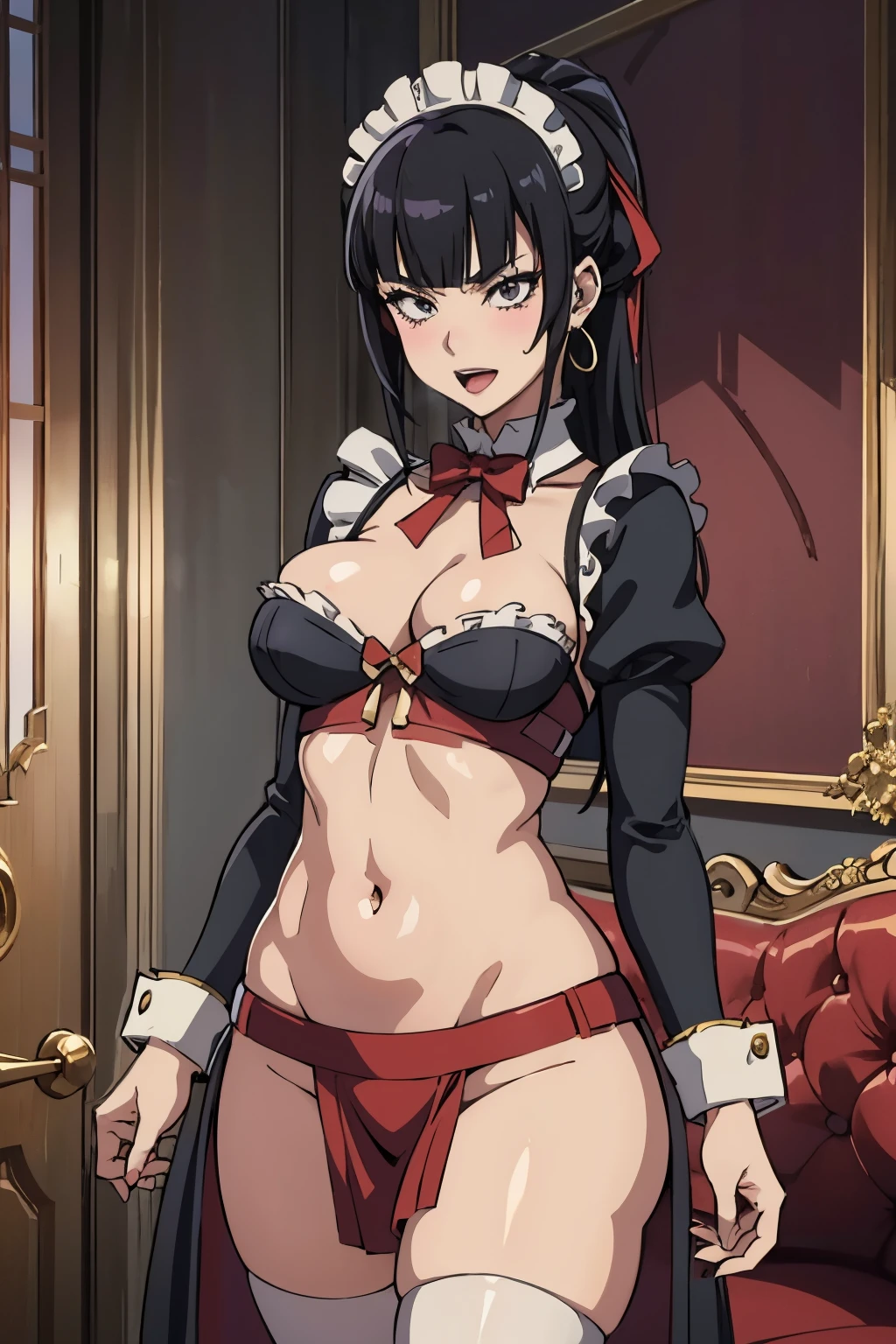 1 girl,black hair, long hair, large breast, blush, lipstick, Hot girl, baddie, staring, glaring, bad attitude, mean girl, crazy, smoking, sensual, attractive, jewelry, earrings, complex detailed background, casino environment, fancy interior environment, rich
interior, masterpiece, best quality, highly detailed, a anime girl in maid uniforms, holding pistol, maid
outfit, cleavage, evil smile, smile, open mouth ,ecchi anime style, anime girls, ecchi style, ecchi, digital
anime art!!, in anime style, official artwork, (nsfw) not safe for work, beautiful anime maid girl, anime
style 4 k, micro skirt, exposed belly, exposed navel, exposed midriff, exposed lower belly, holding a gun, navel piercing