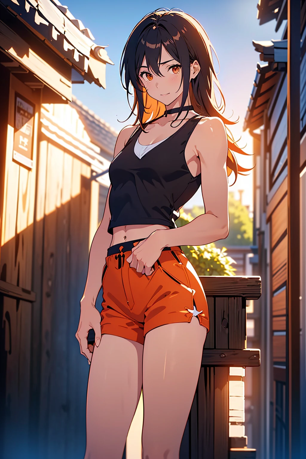 Lake Izu,((highest quality)), ((masterpiece)), (be familiar with),nsfw,One female,Long Hair, Brown Hair, Brown eyes, Green Shirt,(Small breasts), Hair on one eye, Off the shoulder, Exposing shoulders,((Erect nipples)),Red pants,((Pussy))