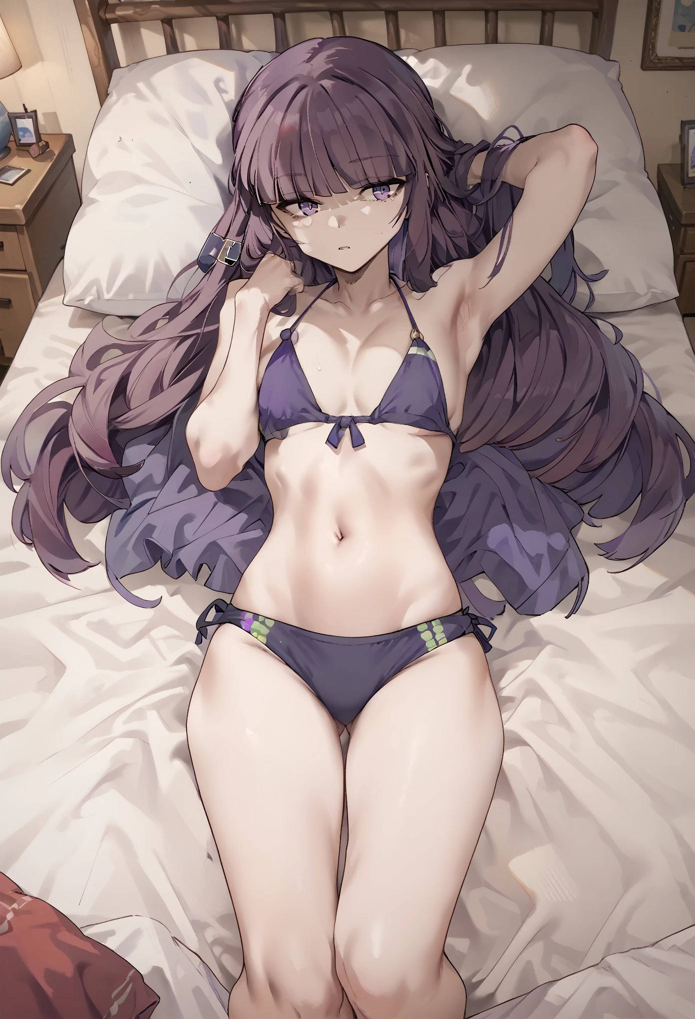 eta, purple hair, blunt bangs, long hair,bikini,bedroom,on the bed
