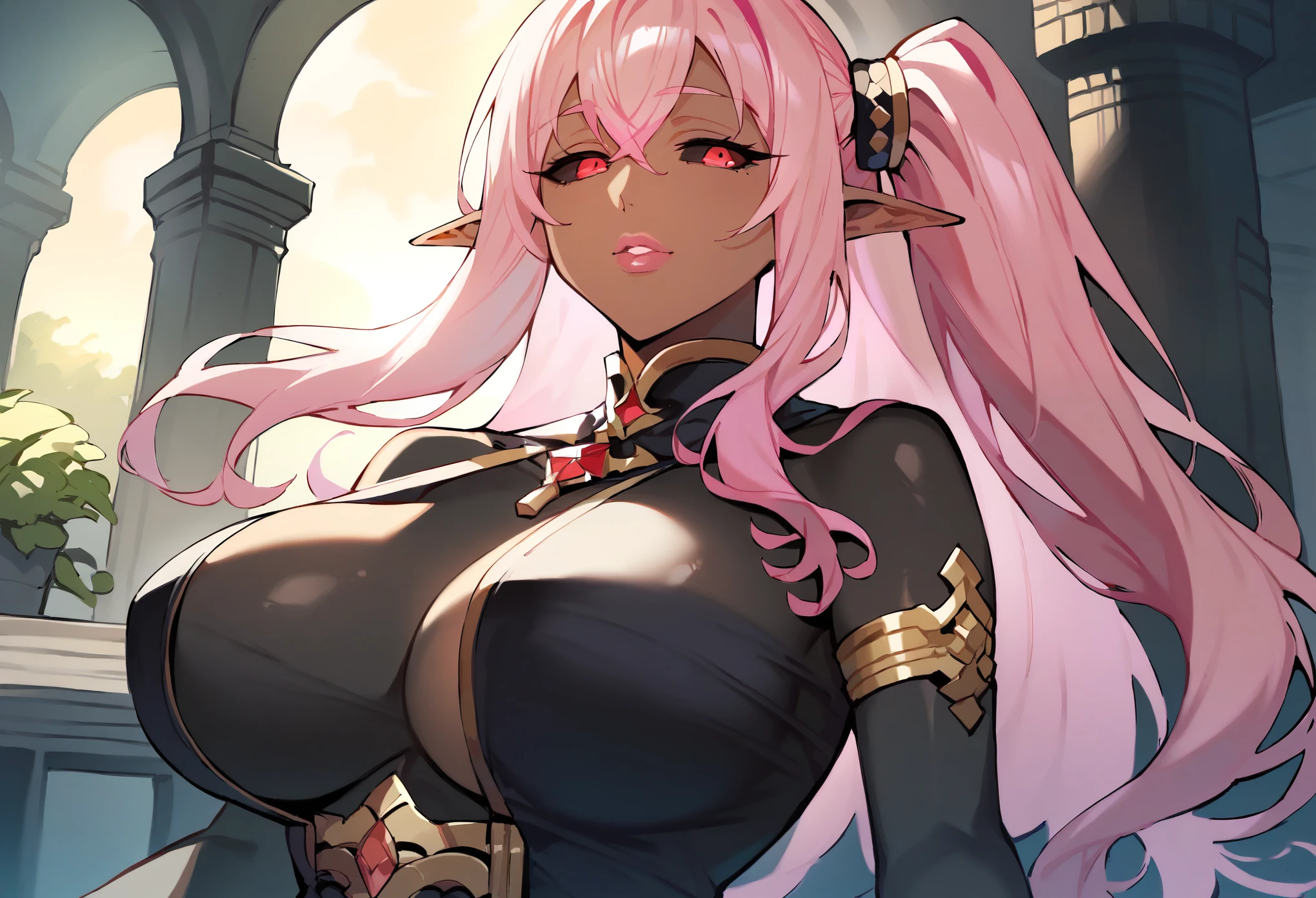 masterpiece, score_9, score_8_up, score_7_up, 1girl, milf, solo, (dark skin, black skin:1.4), ppprdf, (large breasts:1.9), (((pink hair), long hair, bangs, long sidelocks, side ponytail, black sclera, red eyes, half-closed eyes, pointy ears)), pink lips, ((naked tabard)), ((light smile), closed mouth), ((hands on own hips, rooftop, ancient ruins))