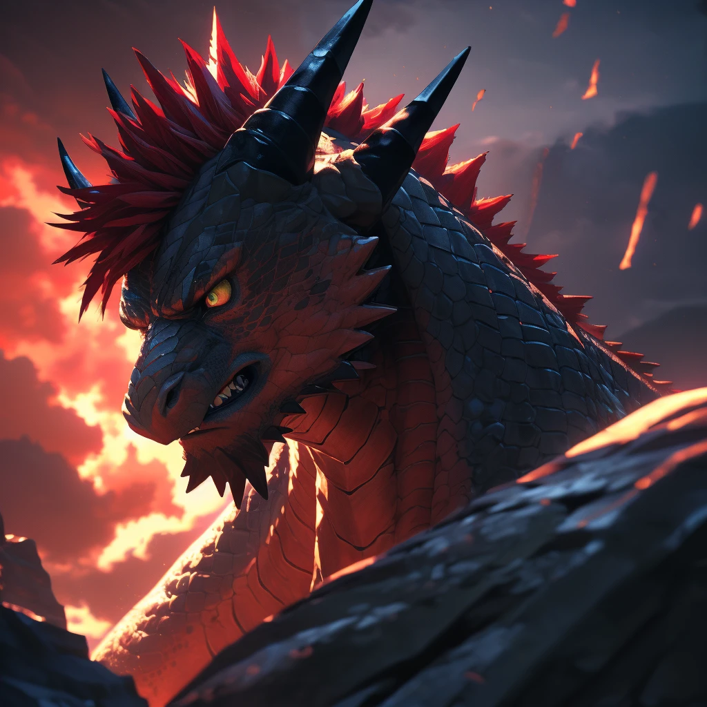 A muscular dragon furry with red hair, detailed facial features, full body, (best quality,4k,8k,highres,masterpiece:1.2),ultra-detailed,(realistic,photorealistic,photo-realistic:1.37),intricate details,hyper realistic,dramatic lighting,hyper detailed scales,sharp claws,fierce expression,cinematic composition,moody atmosphere,vibrant colors