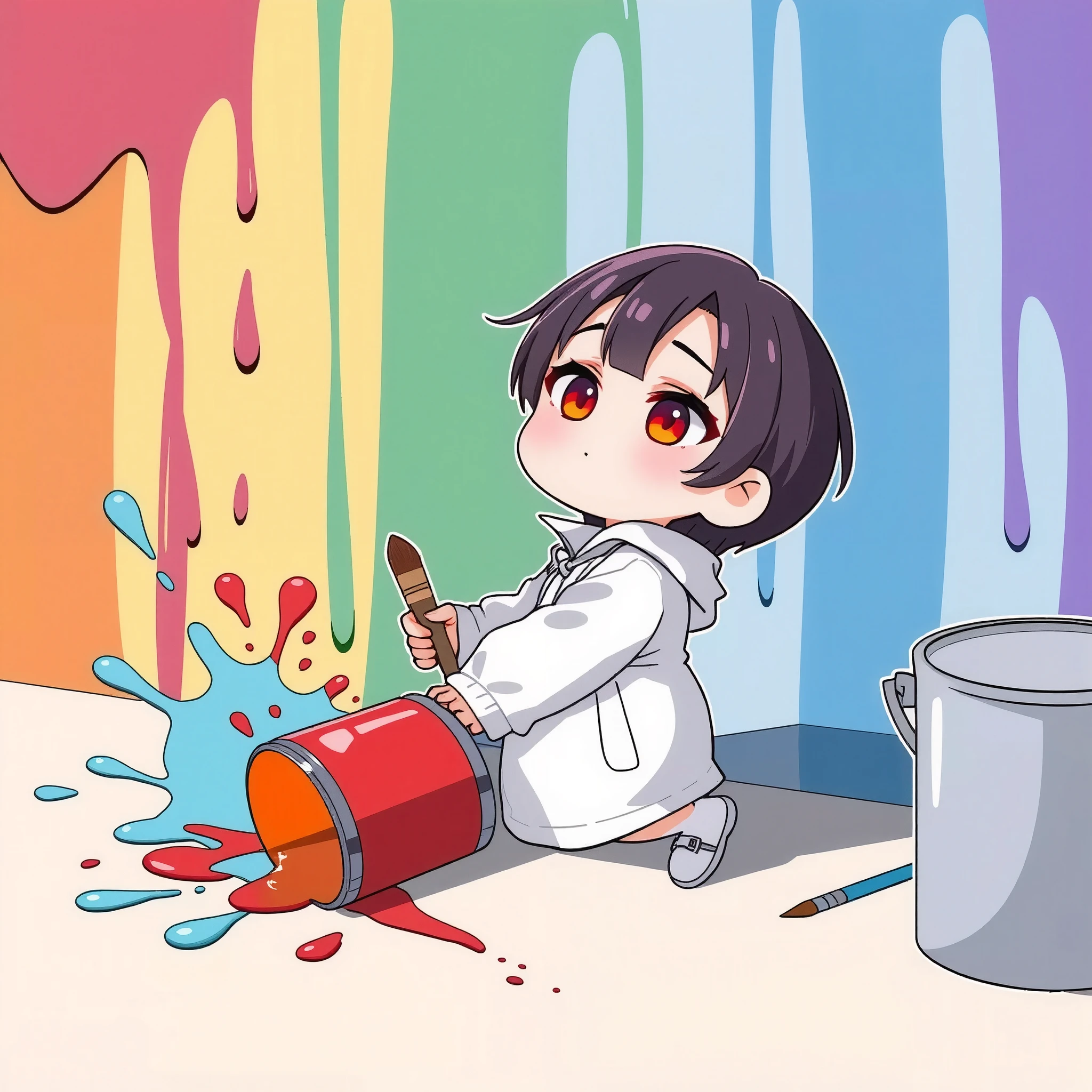 semi-realistic little woman, little character,Fall back down , face up ,brush to apply paint,Spilled paint can  ,  paint spilled on the floor ,(  surprised expression :2.0),Casual clothes, flat color , The background is a seven-color strip of urethane paint,(Urethane paint splashes :2.0),Humorous and clumsy vibe, Anime Artwork 