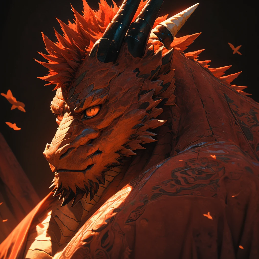 A muscular, red-haired man with a dragon-like appearance, (best quality,8k,highres,masterpiece:1.2),ultra-detailed,(realistic,photorealistic,photo-realistic:1.37),full body,highly detailed face and eyes,powerful,intimidating,red and orange color scheme,dramatic lighting,furry,fantasy,concept art