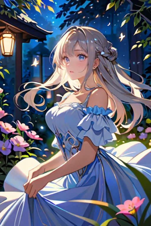 intricate detailed girl in a lush garden, beautiful detailed eyes, beautiful detailed lips, extremely detailed face and eyes, long eyelashes, elegant floral dress, holding a large bouquet of flowers, smiling, starry night sky, detailed background, 8k, extremely detailed, highly detailed, masterpiece, photorealistic, vibrant colors, dramatic lighting, fantasy, magical, dreamy