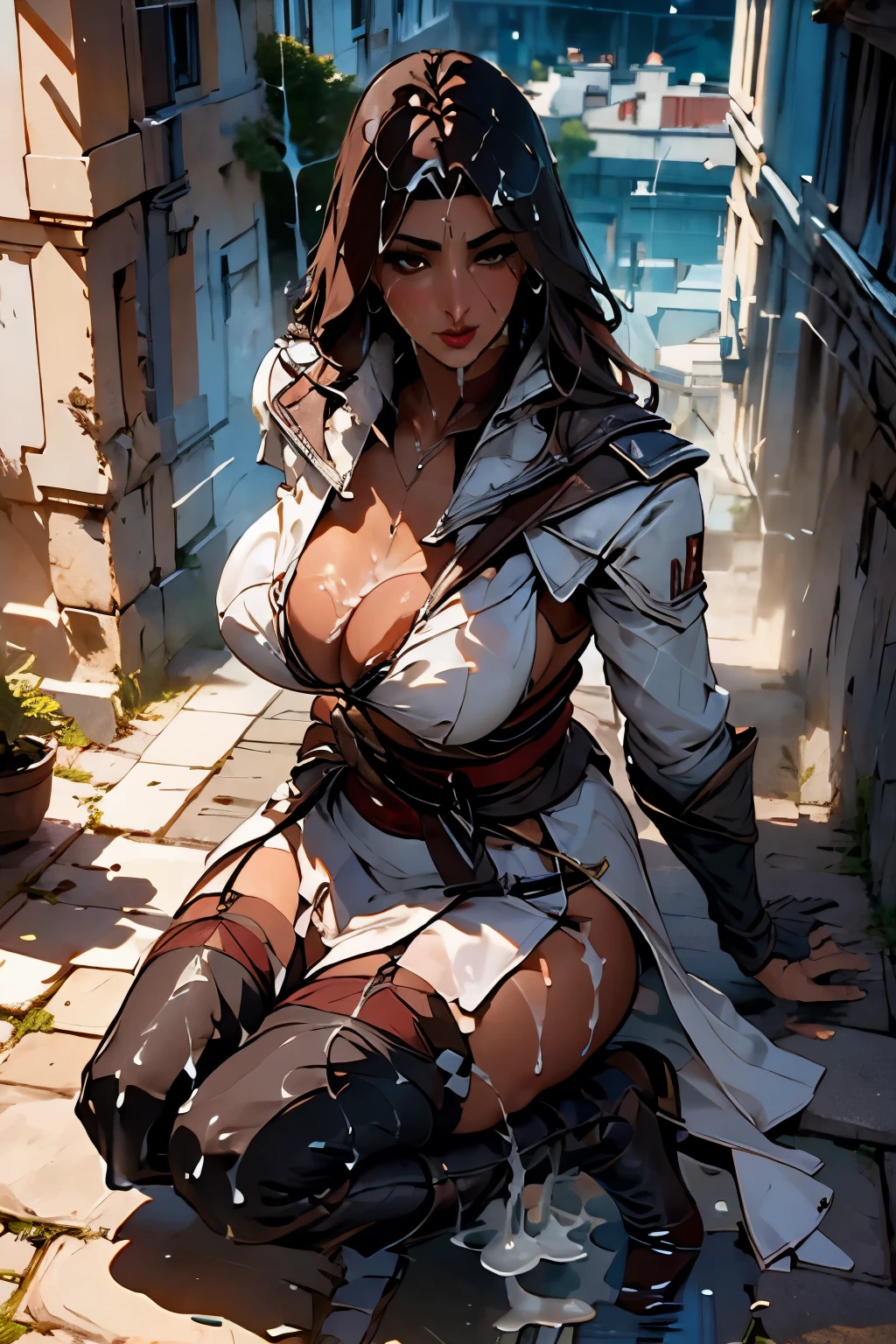 La mujer, botas hasta la rodilla, Pulseras en las piernas, medias, stockings, (((capa, cloak))), torn clothes, botas altas, ((raining, dark,noche, night, chibi,)) muy detallado, Realistic long-term photography, 4k, pelo largo, brown hair, By the chestnut, labios rojos, gargantilla, chocker, sexy,red lips, brown eyes, big breasts, pechos grandes, breasts,wet, pussy, NSFW, +18, cum, cum bath, cum in face, facial, bukkake, Lucia Auditore)))