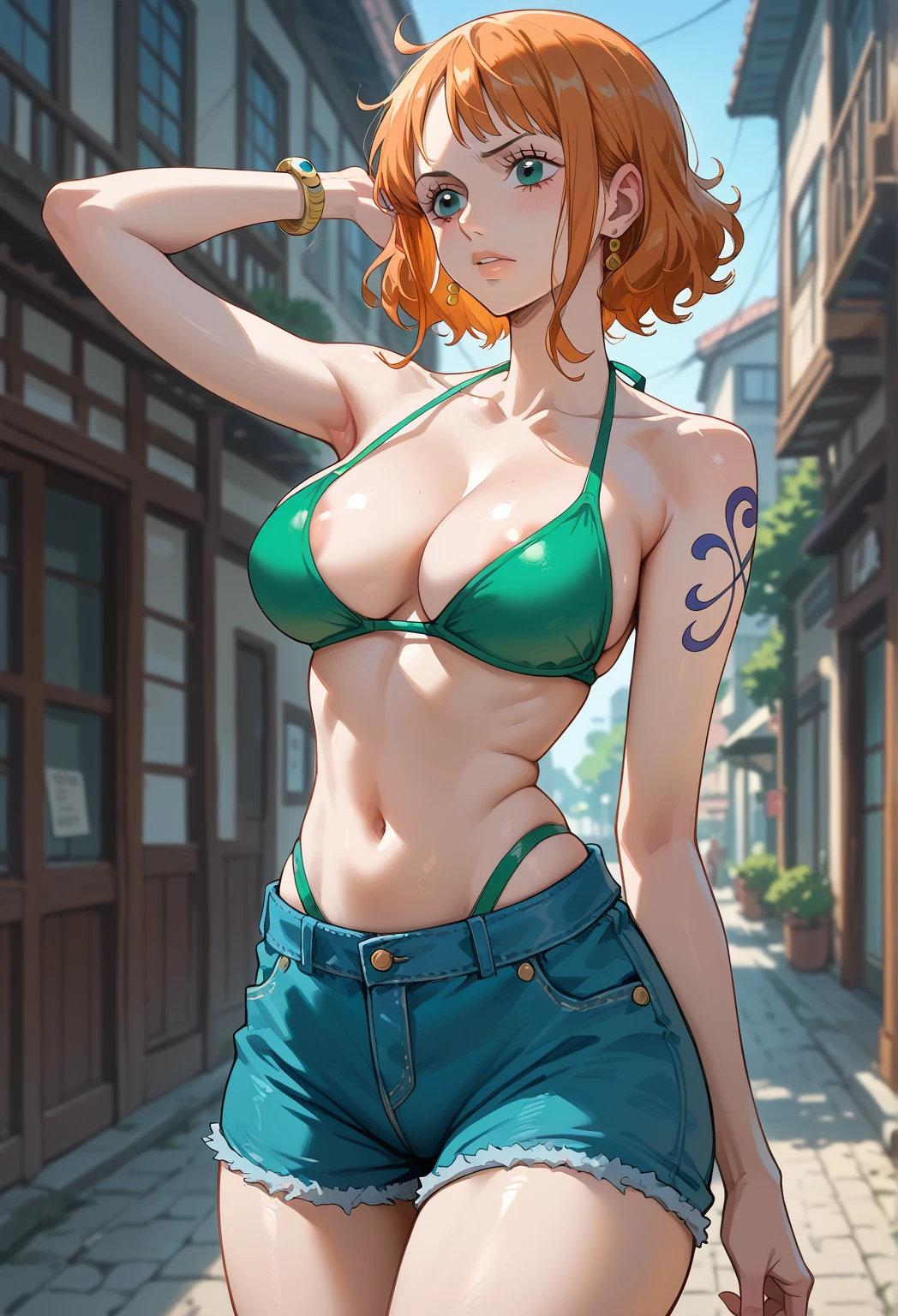 us (One Piece) 
,  anime style、Green Bikini、Blue shorts、  Tight Waist、 big boobs left arm tattoo、big areola、Orange Hair、