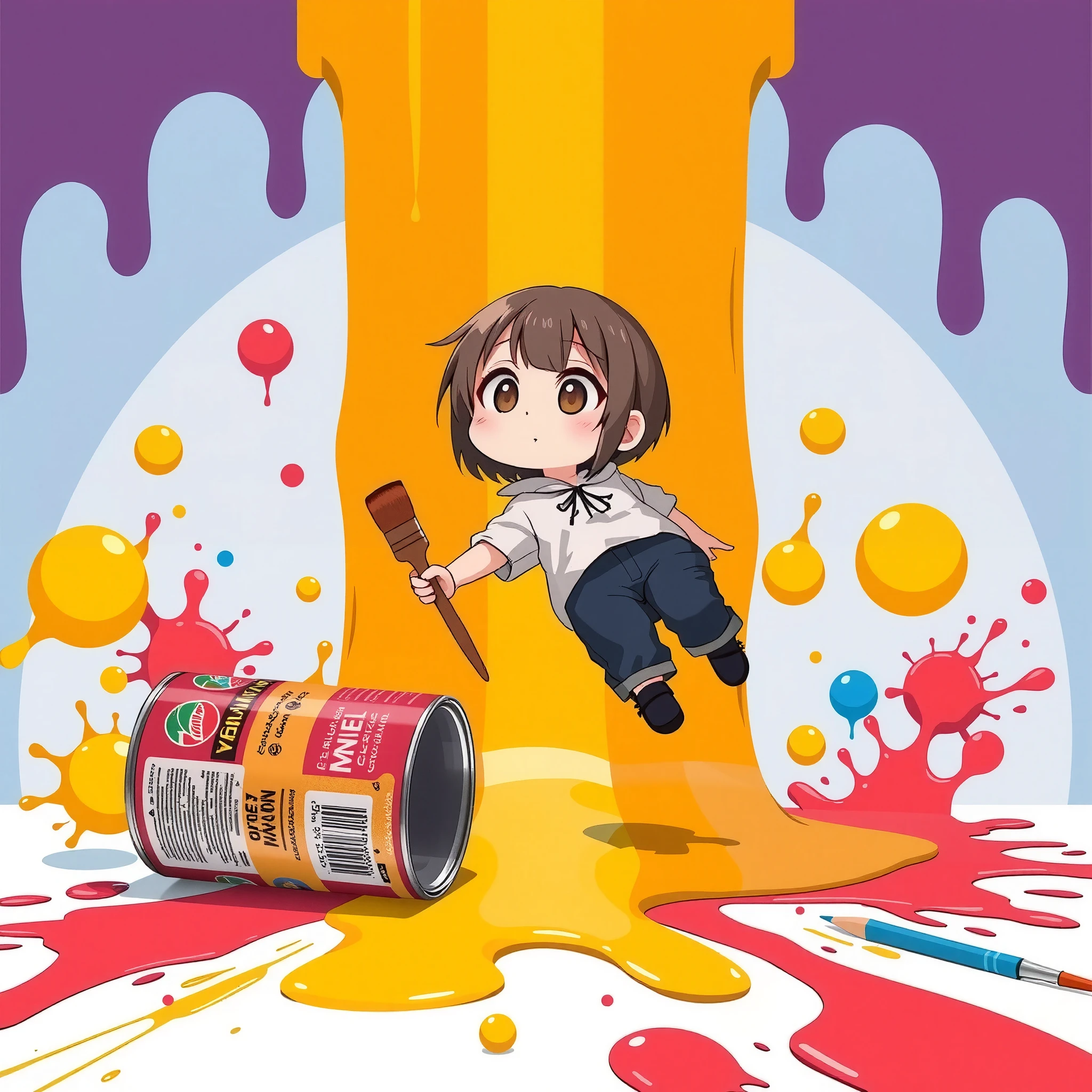 semi-realistic little woman, little character,Fall back down , face up ,brush to apply paint,Spilled paint can  ,  paint spilled on the floor ,(  surprised expression :2.0),Casual clothes, flat color , The background is a seven-color strip of urethane paint,(Urethane paint splashes :2.0),Humorous and clumsy vibe, Anime Artwork 