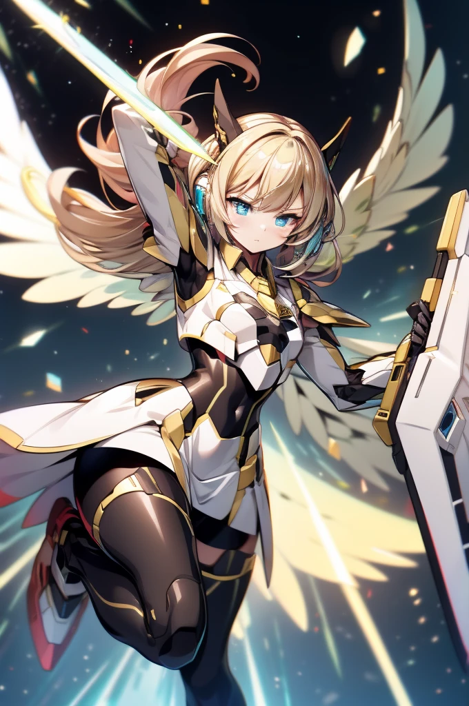 mecha wing、Thighs、tights、chest、shiny blond hair、 1 girl、 solo girl 、income、 headphones、idol dress、 holding a sword 、 has a shield、mecha girl、 white and light blue mile