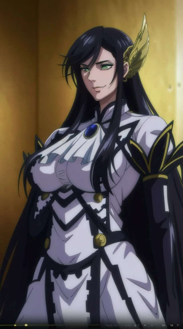 Brunhilde from the anime Record of Ragnarok ,  long hair ,  black hair , green eyes, beautiful woman, very beautiful,  perfect body ,  perfect breasts , Tall body, standing,  Looking at the audience ,  smiling slightly wearing a black robe underneath a transparent jumpsuit revealing masterpiece,  textured leather , super detailed, high detail,  high quality , best quality, 1080P,  16K a villain who stole her body he admires himself in the mirror  