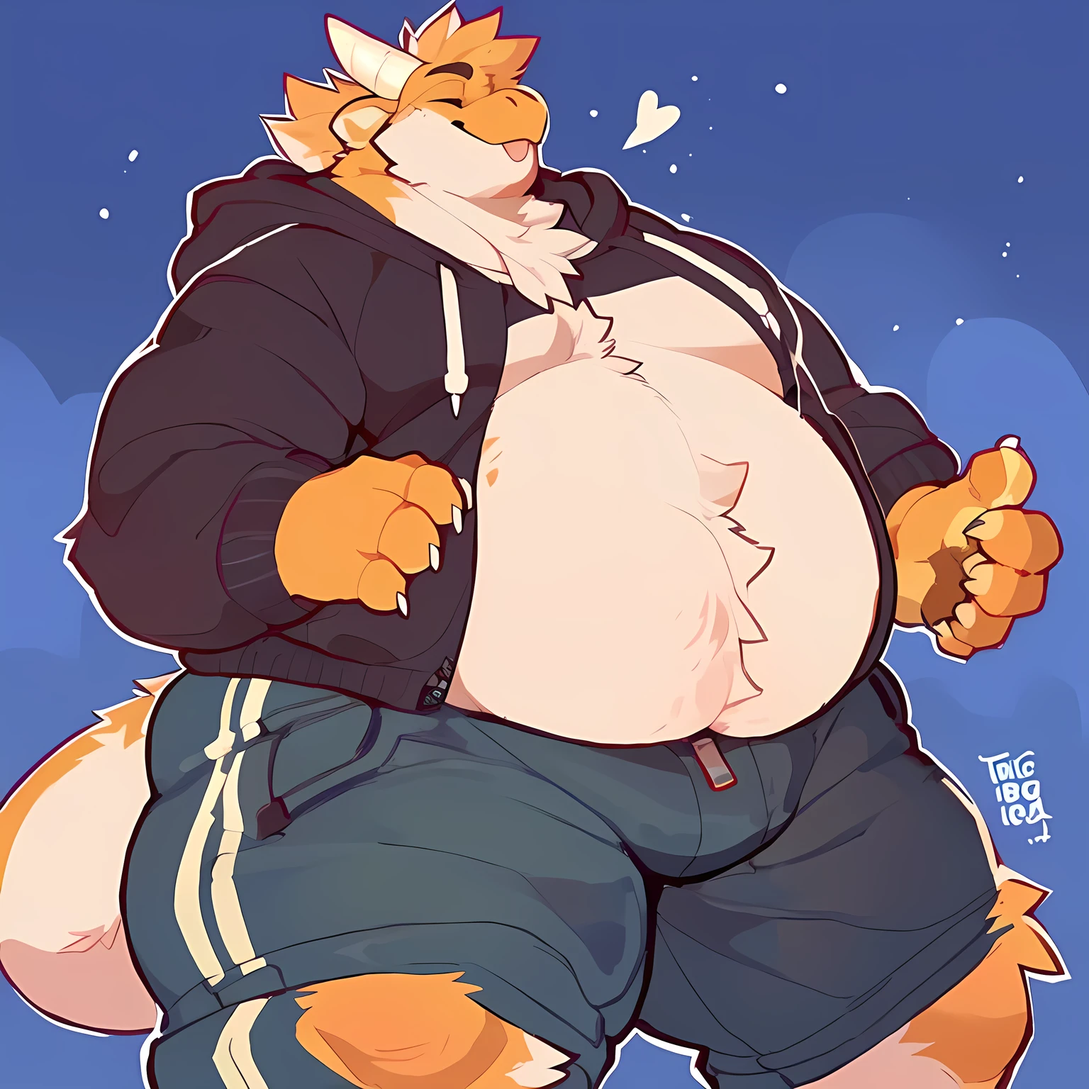 solo, male, 1 boy, fat, obese, rolls, thick thighs, massive thighs, big belly, rounded belly, massive belly, love handles, big pecs, rounded pecs, bulging pecs, massive pecs, big biceps, very extremely thick, plump, chubby, anthro, furry, dragon, floofy hair, eyes shut, blep, smug expression, hoodie, hoodie pockets, pants, by bigcozyorca, by Takemoto Arash, shading, good proportions, best quality, good quality, no background, standing