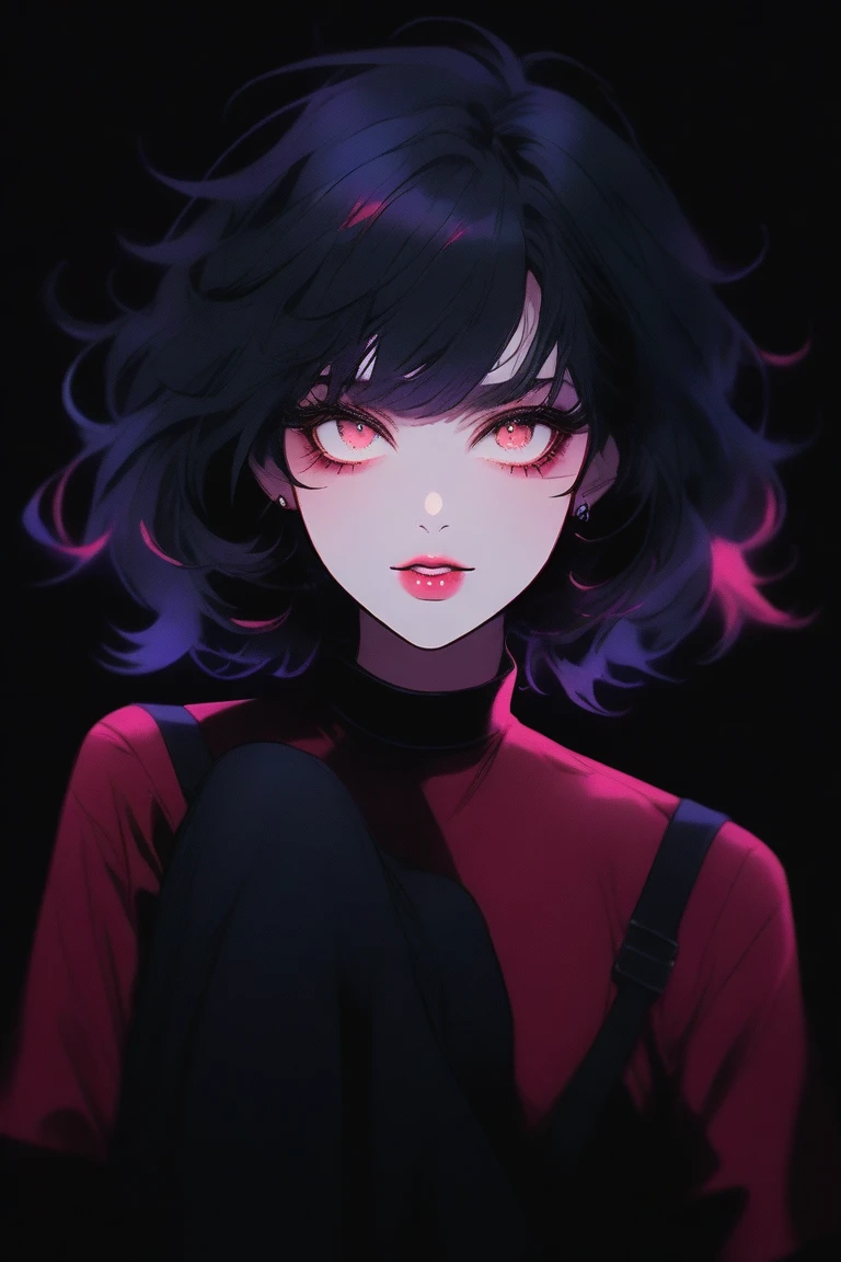 (best quality, OUTLINE:1.2),realistic,illustrator,excited,1 girl,  detailed lips ,  black demon cosplay ,habit, ( dark monochrome background ),neon hair, textured cutout ,  masterpiece ,  classic retro style , dark black, until, OUTLINE book, (short black hair:1.75 neon:1.32),  dark monochrome background, full body,  stocking suspenders , make up