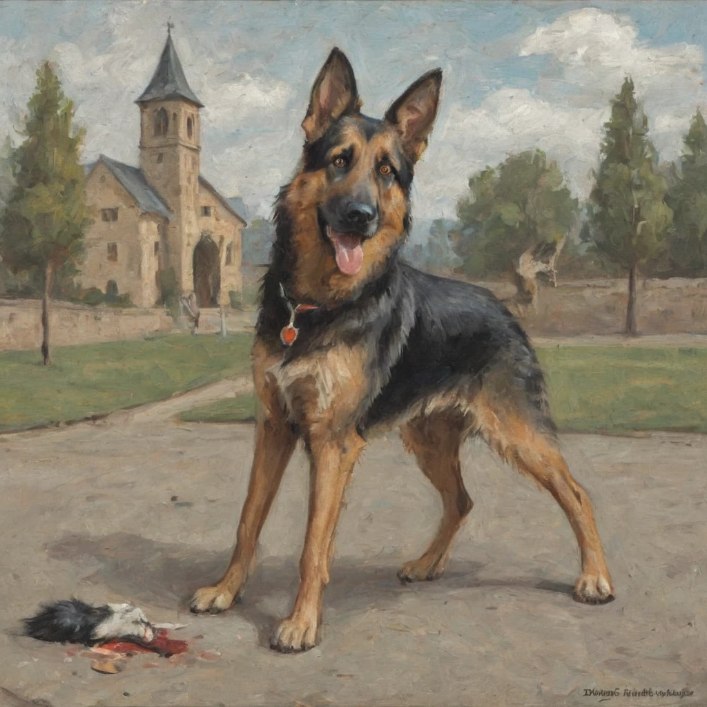 a  painting of (only dog) adult German shepherd, full body shot, hurt, cartoon, caricature,  prefect hair,  marsattacks style, 