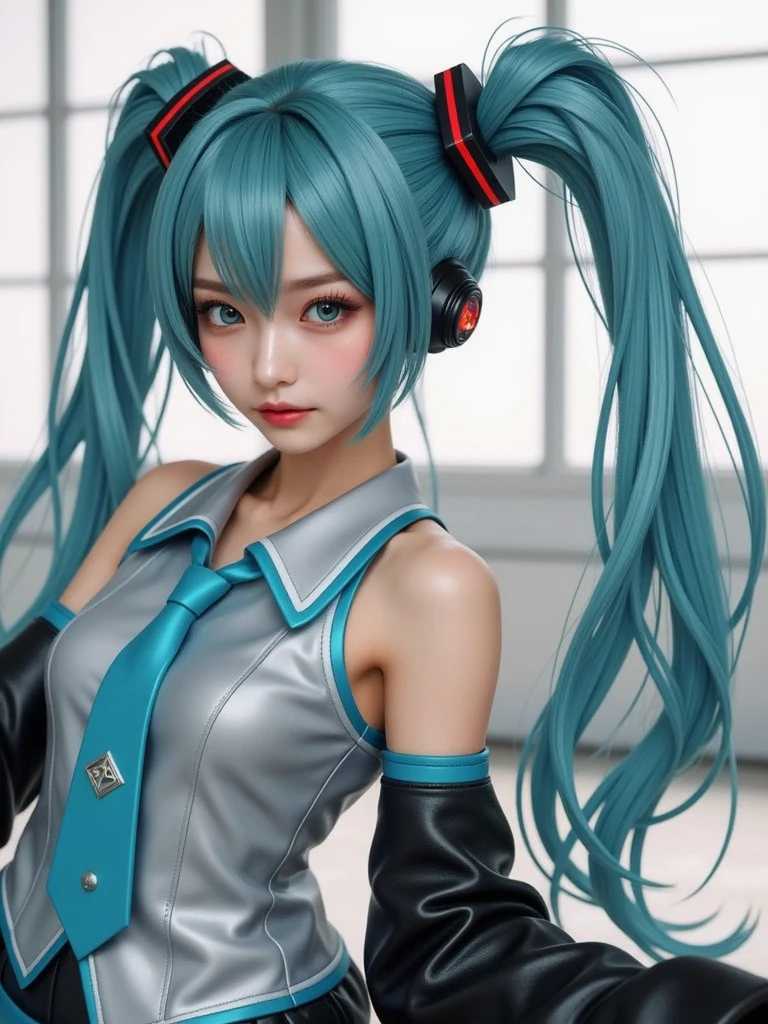 ( a work that can be safely viewed at work :2.0),  Beautiful Japanese Woman ,  Hatsune Miku costumeを忠実に再現したスーパーモデル,  photorealistic,  very realistic pictures , Realistic,  perfect configuration , Proper placement, Women&#39;s photos:1.331,  Hatsune Miku costume:1.331,  Anatomically Correct Proportions :1.331,  small head :1.331, Slender body:1.331,  Thin Waist:1.331, Thin limbs:1.331, (((miku hatsune))),  flat chest:1.331, Blue eyes, Blue Hair,  twin tail hair :1.331,  clear eyebrows on the rails :1.331, Detailed face,  white skin:1.21, Fine skin, A supermodel that faithfully reproduces ,  Ray Tracing,  Dynamic Cinematic Lighting,