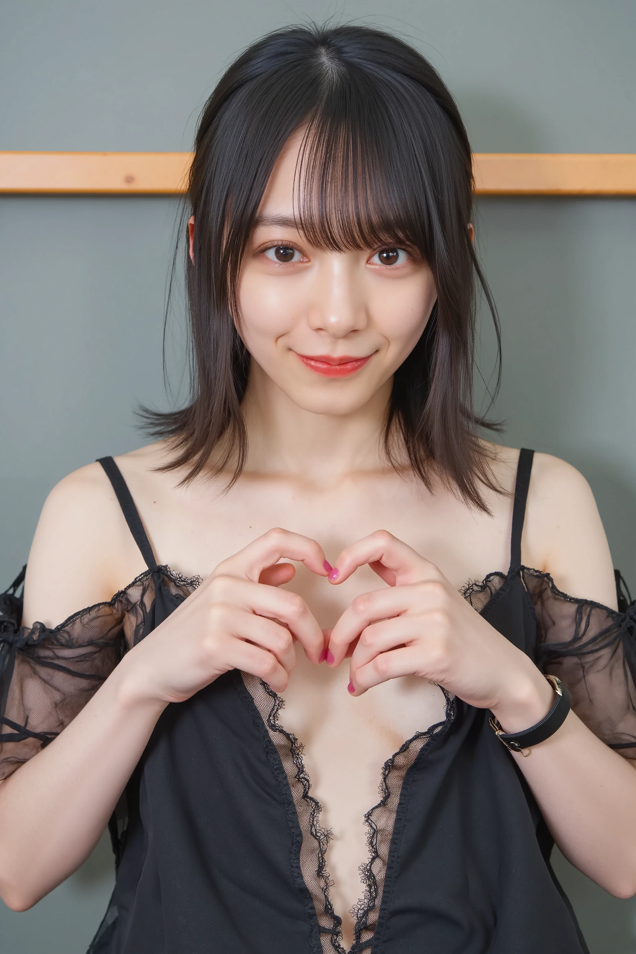 She is in a pose wearing a sexy camisole, making a firm big heart shape with both hands, and holding it in front of her chest, Cute smile up、Monotone background

