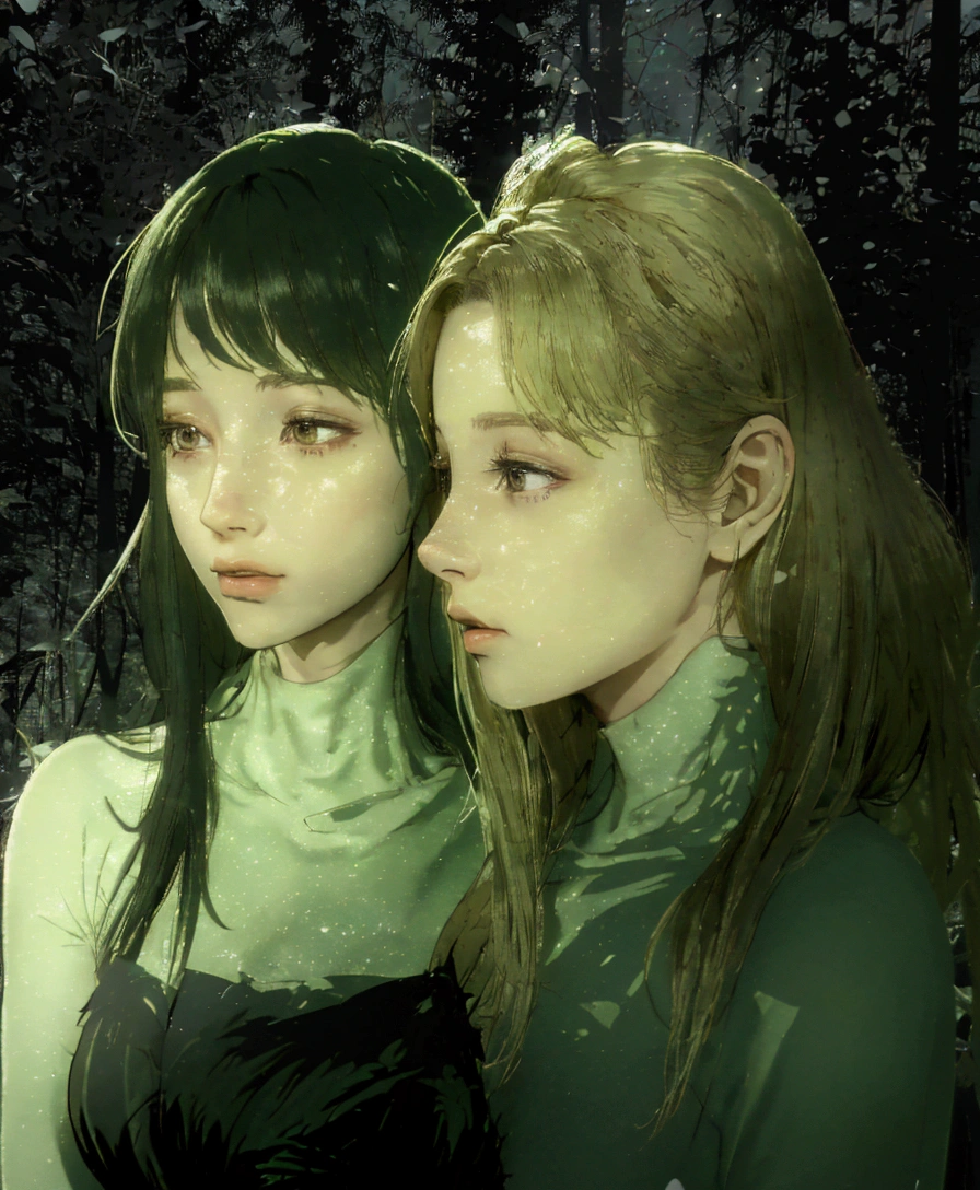 best quality,ultra-detailed, highres,masterpiece:1.2), Two young women in a forest, both are under a dim light from the trees, the light filters through the trees, the light is cold, lighting from a dark forest, they are in the middle of the forest