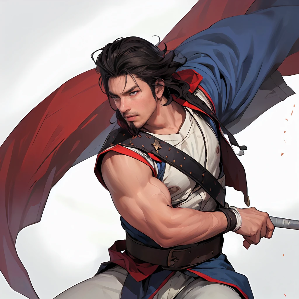 (Best Quality,4K,8k, high resolution,masterpiece:1.2),super detailed,(Realistic,photoRealistic,photo-Realistic:1.3),(((1 person))),30-year-old male,Ancient Chinese fierce generals ,moustache:1.1,Masculine and muscular,bulging muscles:1.2,Powerful Biceps:1.3, have square dandy faces ,Thick eyebrows, sharp eyesight , Dynamic Lighting ,( black ancient Chinese armor :1.2, helmets,dynamic pause,  with flashy decorated Engetsu swords:1.3,ataghan),( cowboy shot,knee level shot:1.2),(( white background:1.3,simple background))