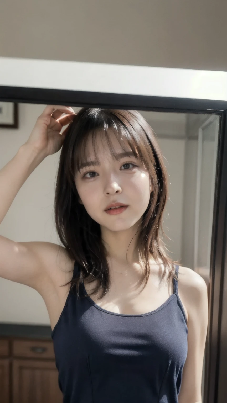 (best quality:1.4), (ultra highres:1.2), (photorealistic:1.4), (16k, RAW photo:1.2),(portrait shot:1.3), bmangpor, 1girl, solo, long hair, brown hair, upper body, white smooth armpits, one arm up, knit tank top, small breast,see through,nipple