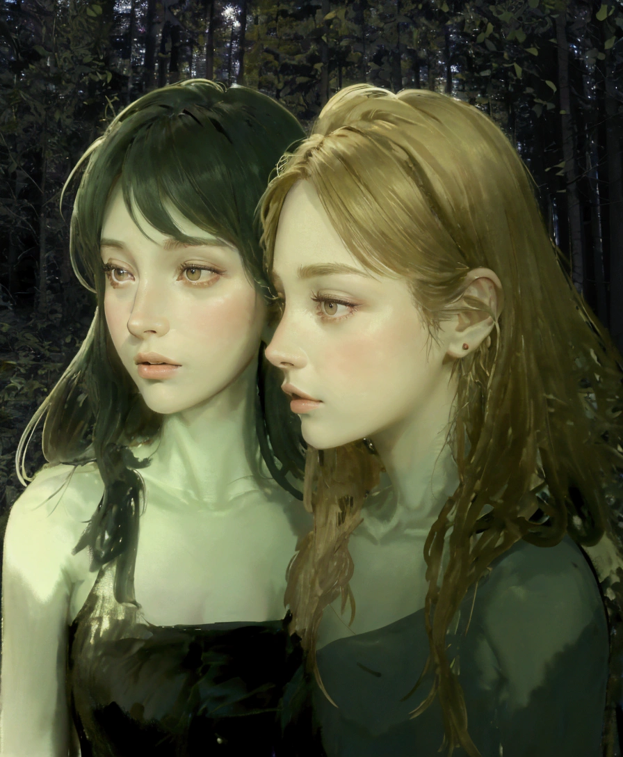 best quality,ultra-detailed, highres,masterpiece:1.2), Two young women in a forest, both are under a dim light from the trees, the light filters through the trees, the light is cold, lighting from a dark forest, they are in the middle of the forest