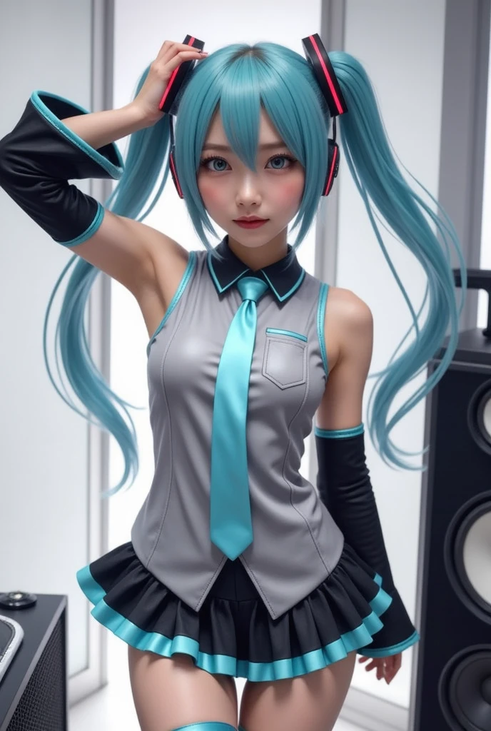 ( a work that can be safely viewed at work :2.0),  Beautiful Japanese Woman ,  Hatsune Miku costumeを忠実に再現したスーパーモデル,  photorealistic,  very realistic pictures , Realistic,  perfect configuration , Proper placement, Women&#39;s photos:1.331,  Hatsune Miku costume:1.331,  Anatomically Correct Proportions :1.331,  small head :1.331, Slender body:1.331,  Thin Waist:1.331, Thin limbs:1.331, (((miku hatsune))),  flat chest:1.331, Blue eyes, Blue Hair,  twin tail hair :1.331,  clear eyebrows on the rails :1.331, Detailed face,  white skin:1.21, Fine skin, In the background of a cyberpunk music studio,  Ray Tracing,  Dynamic Cinematic Lighting,