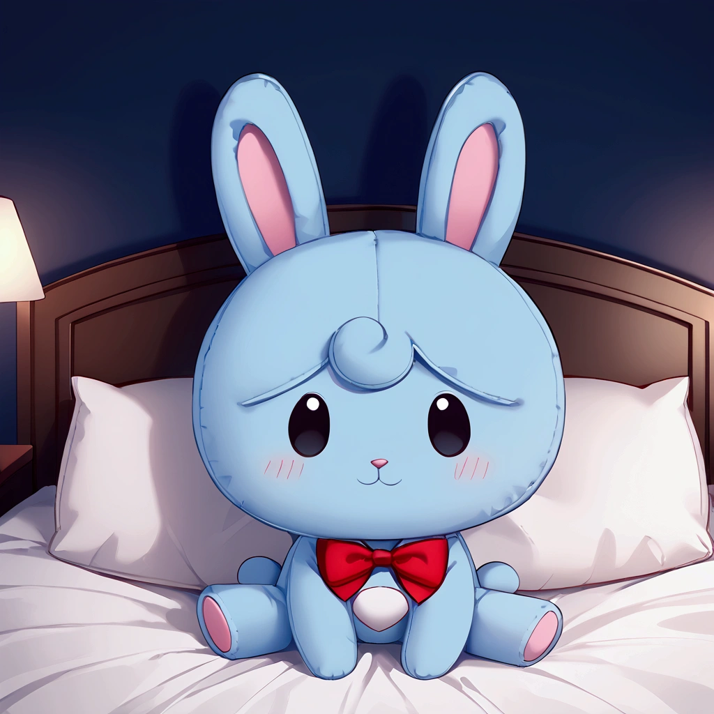 A Blue rabbit Plush, blue rabbit plush, large size, sitting down on bed, dot eyes, cute face , red bow tie, night,