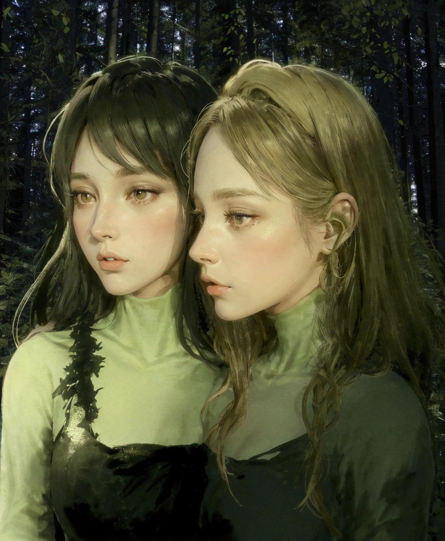 best quality,ultra-detailed, highres,masterpiece:1.2), Two young women in a forest, both are under a dim light from the trees, the light filters through the trees, the light is cold, lighting from a dark forest, they are in the middle of the forest