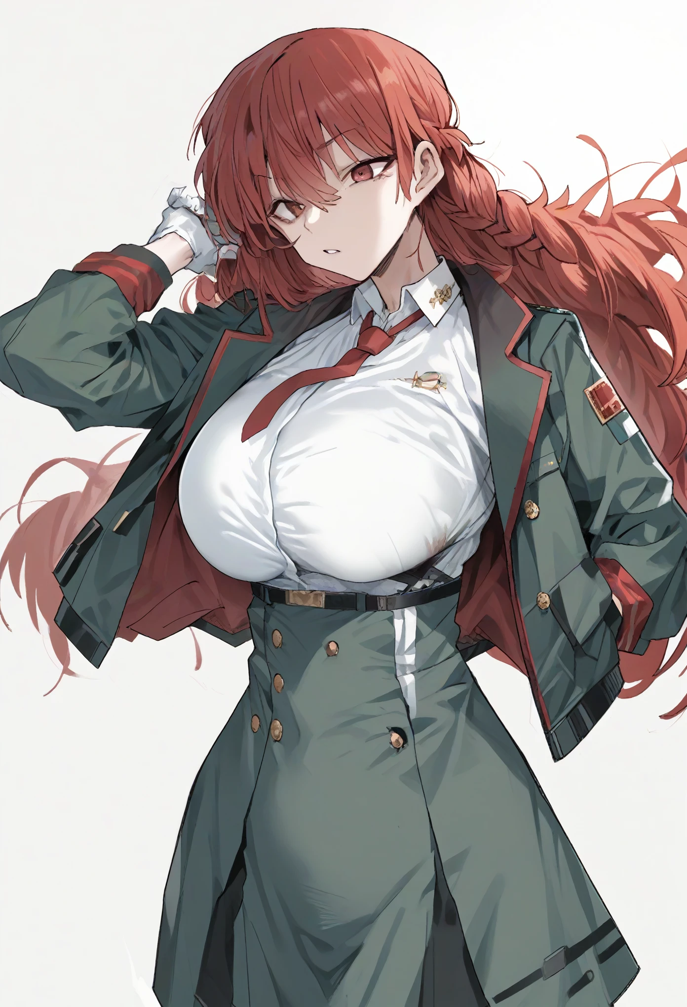 long hair, red eyes, braid,big breast, red hair, skirt, gloves, long sleeves, jacket, necktie, white gloves, uniform, military, military uniform
