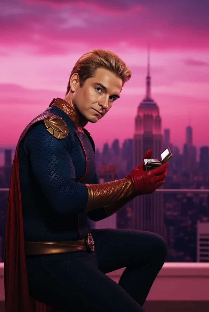 Homelander wearing a superhero outfit with a cape, blonde hair, blue eyes, red gloves, down on one knee, holding a small box with a diamond ring inside, proposing to the camera, POV proposal, 1boy, ((((((((((((((((((solo)))))))))))))))))), (((smiling))), full body, on the roof of a building in New York City, beautiful pink sunset, picturesque, 4k, masterpiece, ((((looking at the camera))))