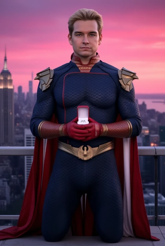 Homelander wearing a superhero outfit with a cape, blonde hair, blue eyes, red gloves, down on one knee, holding a small box with a diamond ring inside, proposing to the camera, POV proposal, 1boy, ((((((((((((((((((solo)))))))))))))))))), (((smiling))), full body, on the roof of a building in New York City, beautiful pink sunset, picturesque, 4k, masterpiece, ((((looking at the camera))))