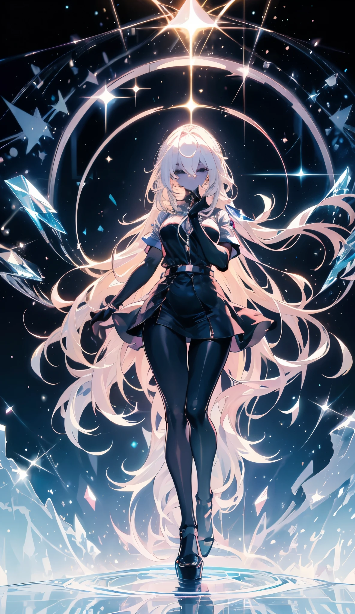 Unparalleled beauty, shiny shiny firm and shiny skin, bangs between eyes, shiny straight beautiful platinum blonde, super long straight silky hair, eyeliner, sexy beautiful innocent , high definition big big beautiful bright blue eyes, beautiful and lovely girl, , short sleeve shirt, full body, shadow silhouette, crystalline details, any poses