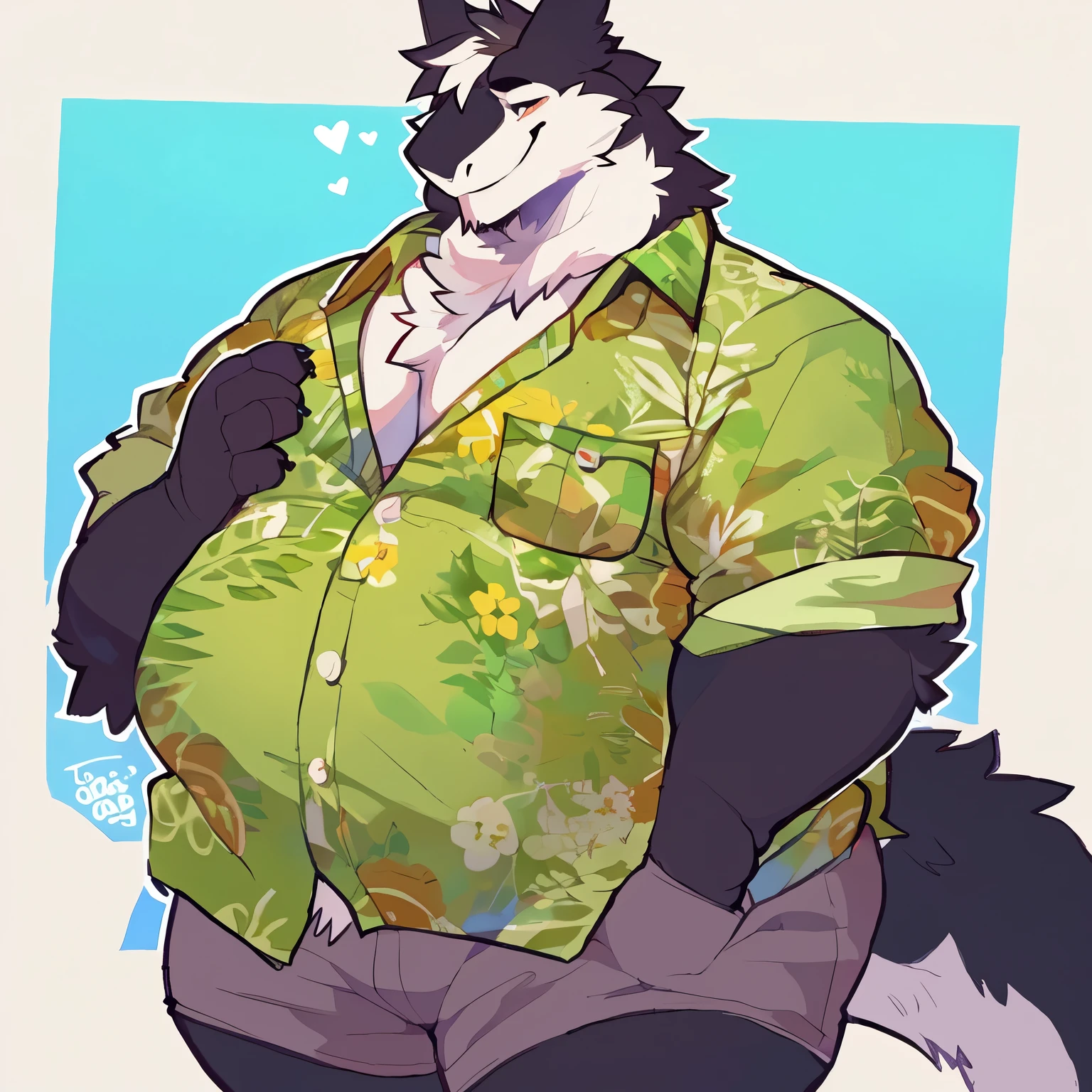 solo, male, 1 boy, large, massive, fat, obese, rolls, thick thighs, massive thighs, big belly, rounded belly, massive belly, love handles, big pecs, rounded pecs, bulging pecs, massive pecs, big biceps, very extremely thick, plump, chubby, dad bod, 32 years old, anthro, furry, sergal, floofy hair, eyes shut, blep, smug expression, hawaiian shirt, shorts, socks, by bigcozyorca, by Takemoto Arash, ((shading)), good proportions, best quality, good quality, no background, standing