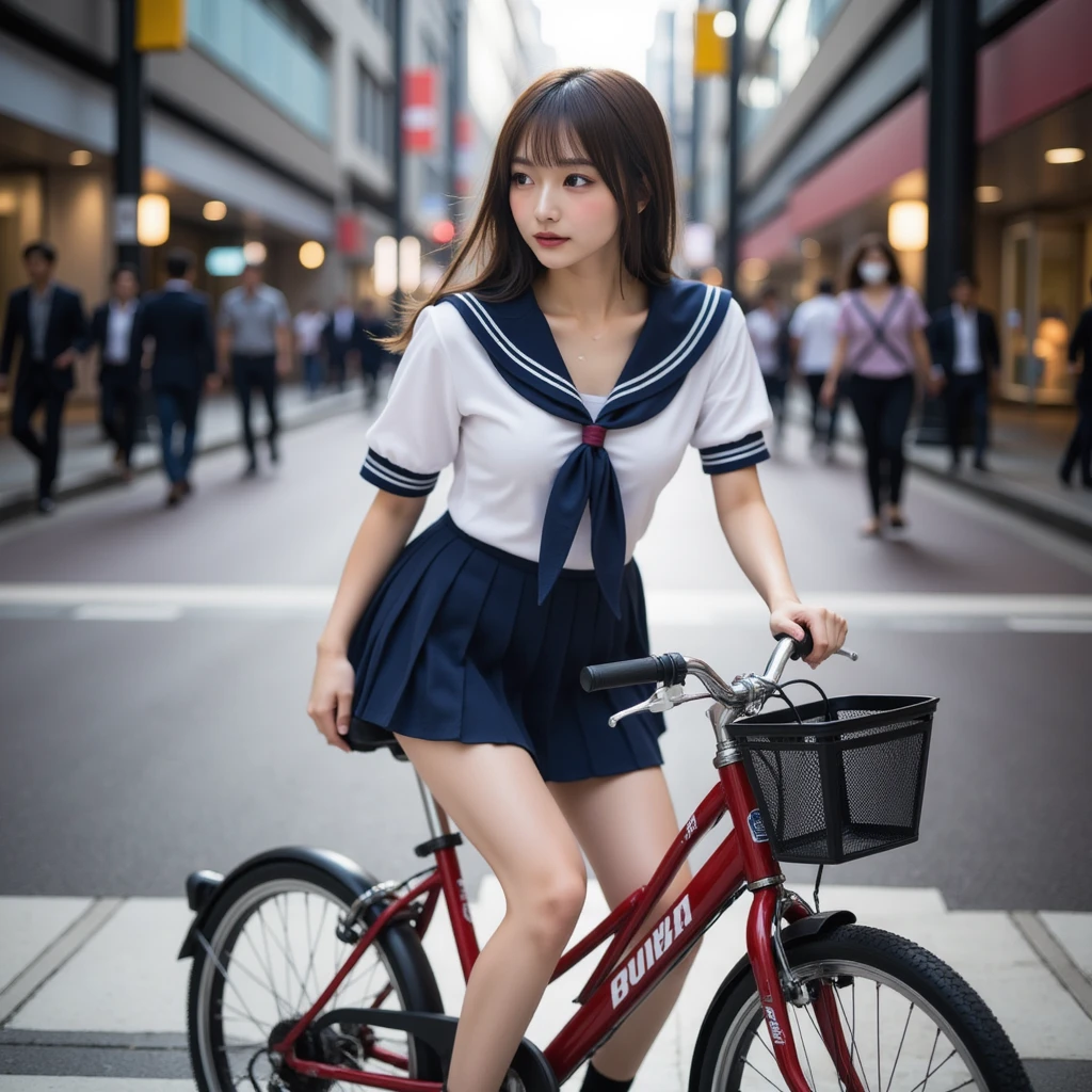  Beautiful Japanese Woman ,  supermodel , Riding a bike:1.331,  photorealistic,  very realistic pictures , Realistic,  perfect configuration , Proper placement, Women&#39;s photos:1.331,  Japanese high school sailor uniform on city streets:1.21, Short sleeve clothing, White short-sleeved sailor uniform :1.21, sera fuku:1.21, The upper body is a uniform :1.21, navy mini skirt, I can see your belly, Brown Hair,  long hair:1.331,  Anatomically Correct Proportions :1.331, small head :1.331, Slender body:1.331,  Thin Waist:1.331, Thin limbs:1.331,  flat chest:1.331, Brown Hair,  long hair:1.331,  clear eyebrows on the rails :1.331, Detailed face,  white skin:1.21, Fine skin, 市街地の路上で,  Dynamic Cinematic Lighting,
