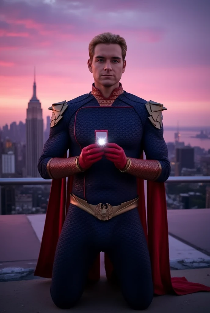 Homelander wearing a superhero outfit with a cape, blonde hair, blue eyes, red gloves, down on one knee, holding a small box with a diamond ring inside, proposing to the camera, POV proposal, 1boy, ((((((((((((((((((solo)))))))))))))))))), (((smiling))), full body, on the roof of a building in New York City, beautiful pink sunset, picturesque, 4k, masterpiece, ((((looking at the camera))))