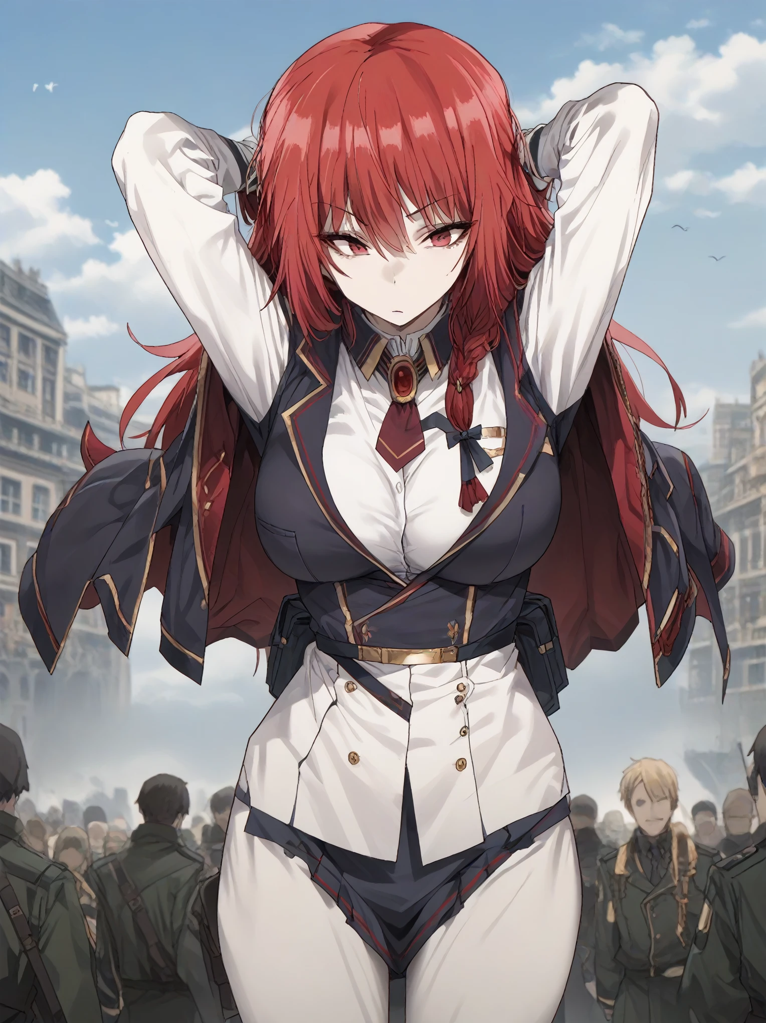 long hair, red eyes, braid,big breast, red hair, skirt, gloves, long sleeves, jacket, necktie, white gloves, uniform, military, military uniform
