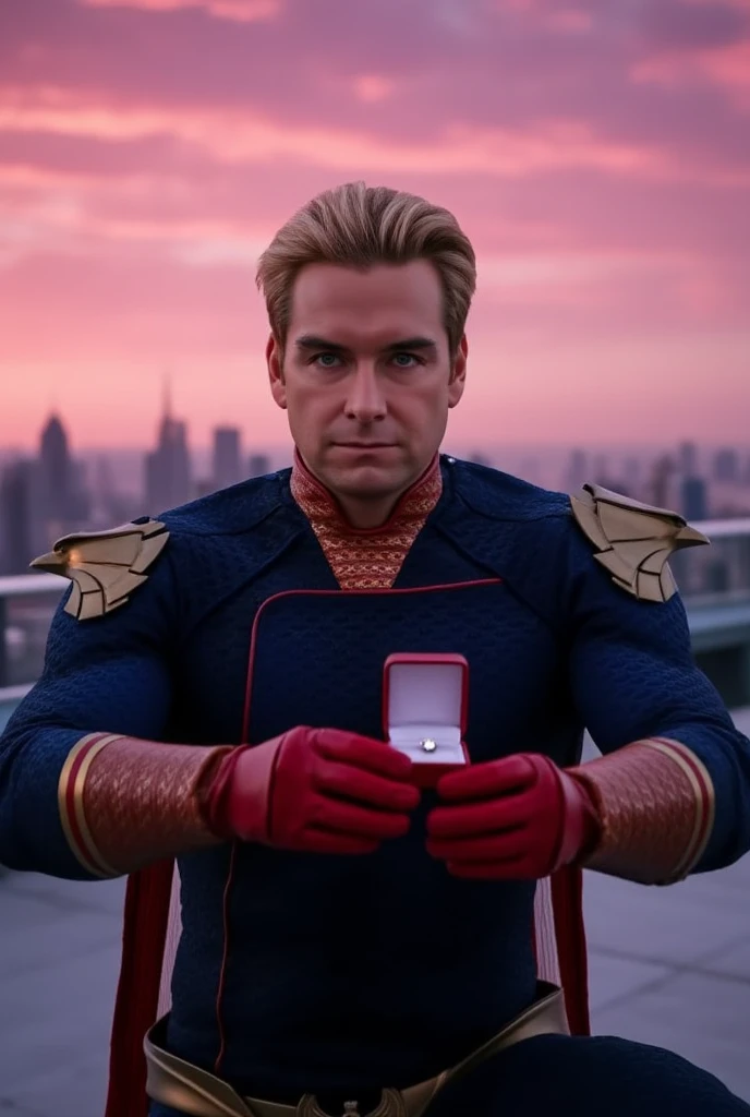 Homelander wearing a superhero outfit with a cape, blonde hair, blue eyes, red gloves, down on one knee, holding a small box with a diamond ring inside, proposing to the camera, POV proposal, 1boy, ((((((((((((((((((solo)))))))))))))))))), (((smiling))), full body, on the roof of a building in New York City, beautiful pink sunset, picturesque, 4k, masterpiece, ((((looking at the camera))))