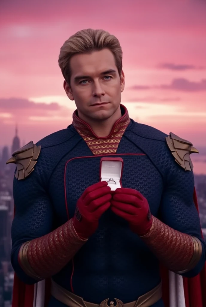 Homelander wearing a superhero outfit with a cape, blonde hair, blue eyes, red gloves, down on one knee, holding a small box with a diamond ring inside, proposing to the camera, POV proposal, 1boy, ((((((((((((((((((solo)))))))))))))))))), (((smiling))), full body, on the roof of a building in New York City, beautiful pink sunset, picturesque, 4k, masterpiece, ((((looking at the camera))))