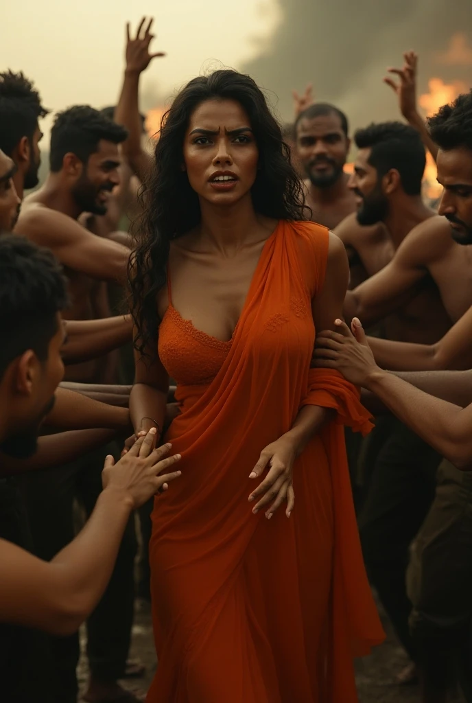 Group of indian men removing a woman's bra and saree, with lust in every ones face, moaning face expression,in a jungle
