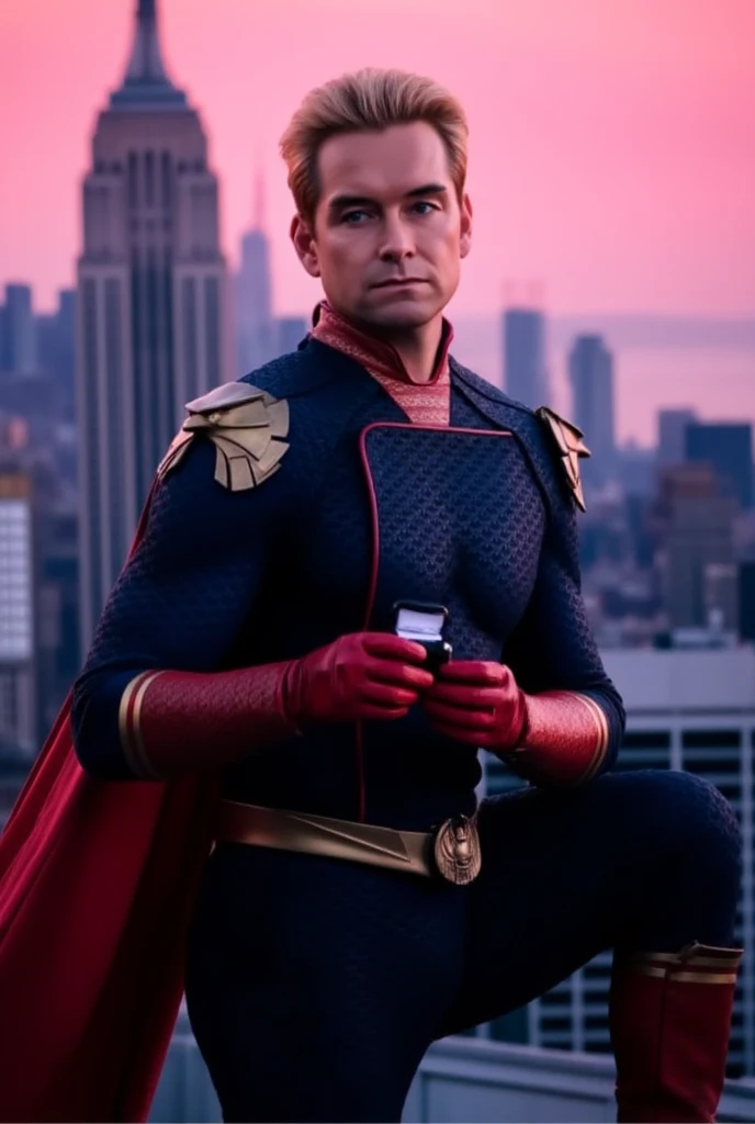 Homelander wearing a superhero outfit with a cape, blonde hair, blue eyes, red gloves, down on one knee, holding a small box with a diamond ring inside, proposing to the camera, POV proposal, 1boy, ((((((((((((((((((solo)))))))))))))))))), (((smiling))), full body, on the roof of a building in New York City, beautiful pink sunset, picturesque, 4k, masterpiece, ((((looking at the camera))))