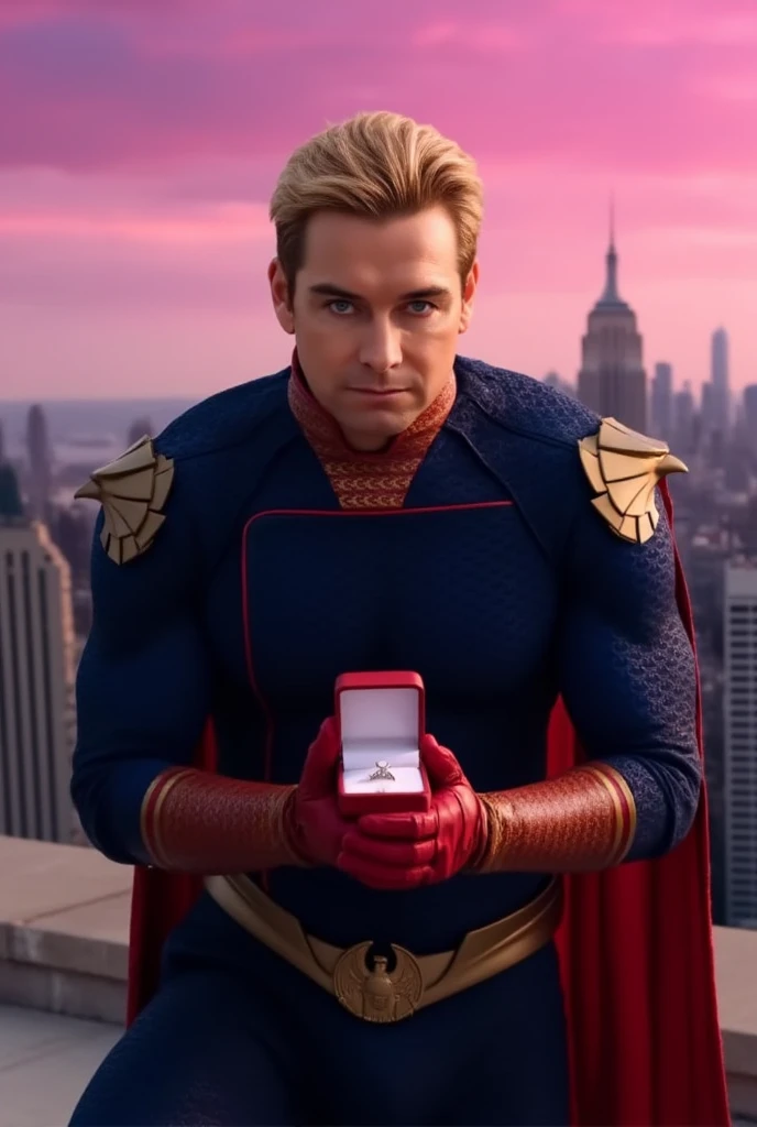 Homelander wearing a superhero outfit with a cape, blonde hair, blue eyes, red gloves, down on one knee, holding a small box with a diamond ring inside, proposing to the camera, POV proposal, 1boy, ((((((((((((((((((solo)))))))))))))))))), (((smiling))), full body, on the roof of a building in New York City, beautiful pink sunset, picturesque, 4k, masterpiece, ((((looking at the camera))))