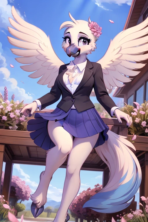  Silver Creek _mpp , 1 girl, griffin girl , nail, ((beak)), female body, medium breasts, big eyes, 8 k, (masterpiece),  soft shading, wings,  the whole body can be seen , foreground,  hooves, beak, Long blue tail, luxury, happy, smile,  short blue skirt , mouth open, mouth open, flowers, Petals in the air, Very happy,  Formal business suit, blazer
