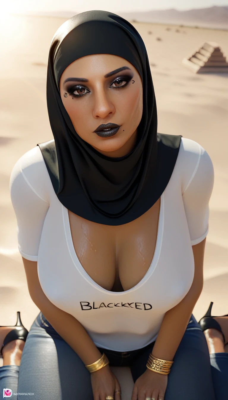 masterpiece, highest quality, highest resolution, distinct_image, detailed details) , 1 girl  , milf's , 40's , ( large breasts  and large hips ), (attractive body, attractive face and attractive expressions and attractive eyes and attractive lips and attractive wrinkles )   , ( soft hair and soft skin  )  , one black mole on left eye , soft lips , black eyeshadow ,  black makeup , Egyptian eyeliner , brown eyes  ,  black lips , black fingernails , attractive women    ,  attractive girl , big bright eyes    , gold ring , ring   , on pyramid   , sun , Egyptian woman  , attractive black hijab , hijab , attractive white t-shirt , attractive black heels , attractive black jeans  , BBC tattoos  ,  blacked skinned ,  pov  , looking at the viewer ,  disgusting and disappointed facial expressions  , sweating body , wet body , hot breath , sitting on breech ,