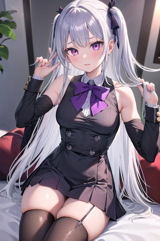 masterpiece, Best Quality,  Ultra high definition of ,  1 girl, Fishnet stockings,  Kazuki Kazami,  silver hair, Long Hair,  purple eyes,  school uniform, BLACK BOW