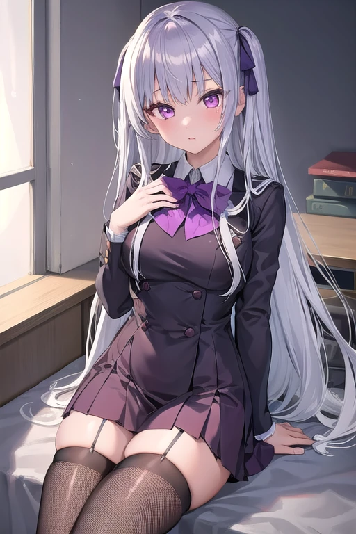 masterpiece, Best Quality,  Ultra high definition of ,  1 girl, Fishnet stockings,  Kazuki Kazami,  silver hair, Long Hair,  purple eyes,  school uniform, BLACK BOW